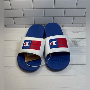 Champion:10 Men’s White & Blue Slide Sandals with Red Logo Patch